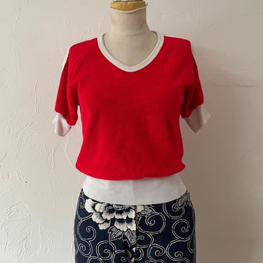 Vintage 80s Red & White Cropped Terrycloth Top XS/S