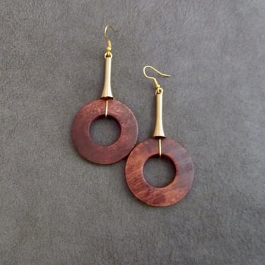 Oversized brown stained wood and gold earrings 