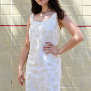 Vintage 1950s Cream Shift Dress, Beaded, Sleeveless, Off White, XS Women 