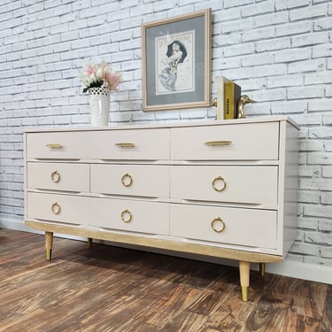 Available Mid-century Modern Truffle Pink dresser, buffet ,credenza 