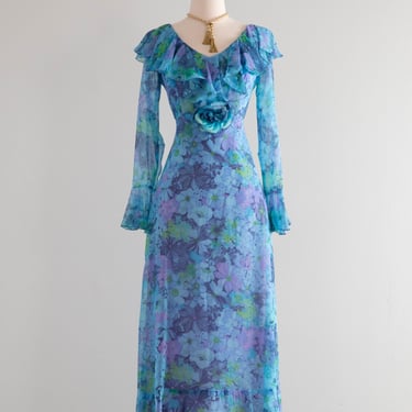 Ethereal 1960's Mystic Chiffon Floral Print Maxi Dress / SM