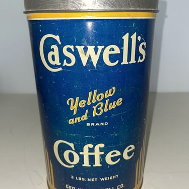Caswells Yellow & Blue Brand Coffee Tin Litho Label 3lb San Francisco California Vintage collectible tins, coffee can, vintage kitchen decor 