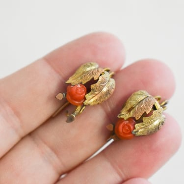 Vintage Gold Leaf and Rose French Wire Earrings 