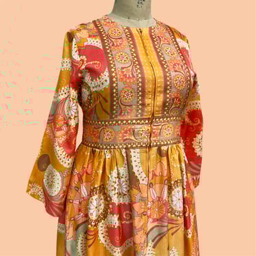 Vintage Keyloun Dress Retro 1970s RARE + Gown + Zip Front Closure + Maxi Length + Orange + Coral + Psychedelic Print + Caftan + Womens 