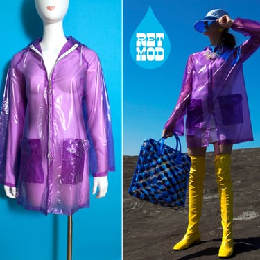 NWOT Fabulous Vintage 70s Purple Translucent Hooded Raincoat with Pockets 