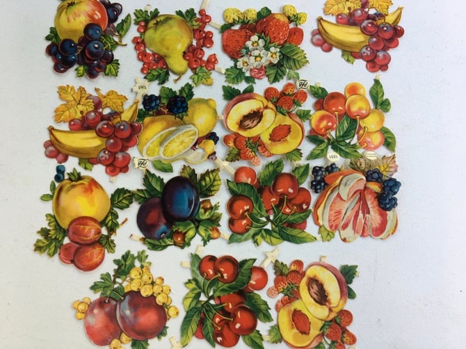 Vintage German Fruit Diecuts, Fruit Decoupage Images, PZB, Scrapbooking, Ephemera, Collage Cut Outs, Lemon, Cherries, Strawberries 