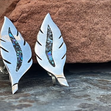 Vintage Mexico Sterling Silver and Abalone Leaf Screw Back Earrings 