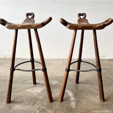 pair of Primitive Carved Wood “Birthing” Bar Stools 