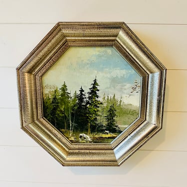 Beautifully Framed Octagon Forest Oil Painting 
