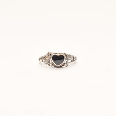 Dainty Sterling Silver Onyx Heart Ring W/ Leaf Motifs, Cute Stacking Ring, Valentines Day Gift, 5 3/4 US 