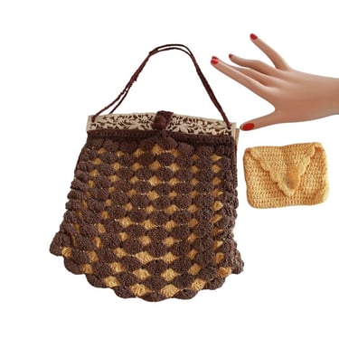 1930s Mustard Yellow & Brown Crocheted Purse with Carved Celluloid Frame - 30s Handbag - 30s Crocheted Purse - 30s Yellow Purse - Deco Purse 