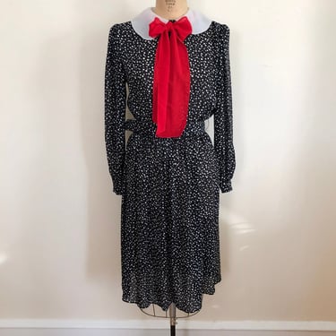 Black and White Polka Dot Midi-Dress with Contrast Organza Collar and Red Chiffon Necktie - 1980s 
