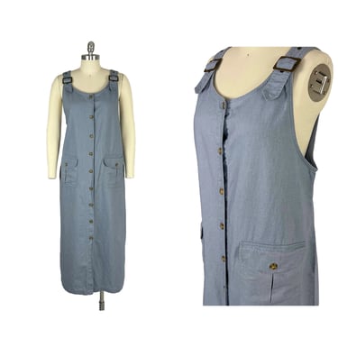 L 90s Dusty Blue Buckle Strap Overall Jumper Dress Linen Cotton Button Up Maxi Dress Long Pinafore 1990s Clothes Women Vintage MOUNTAIN LAKE 