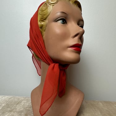 1960’s All Silk Vera Scarf~ sheer crepe silken hand rolled scarves neckerchief bandanna style square~ Red color/ as-is 