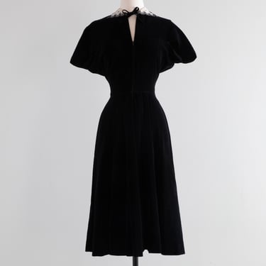 Late 1940's Black Velvet Cocktail Dress With Prim Collar / Small