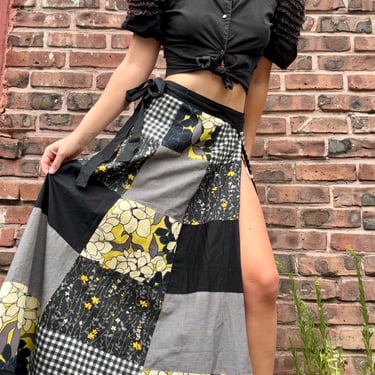Vintage 1970s Black Floral Patchwork Adjustable Long Wrap Skirt by TimeBa