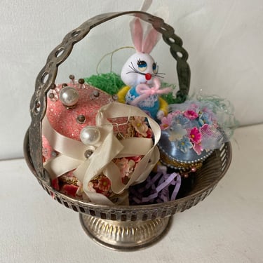 Vintage Silver Plated Small Basket, Easter Decor, Shabby Finish, Moveable Handle, Tea Party, Centerpiece, Props Not Included 