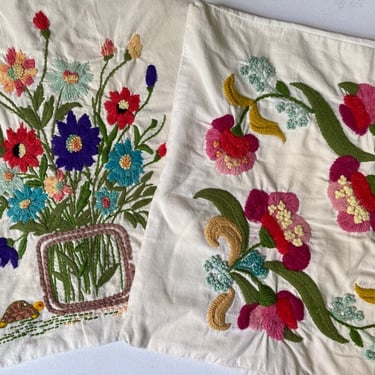 Mid Century Floral Crewel Decorative Pillow Cases, Throw Pillow Covers, No Pillows/Stuffing Included, Hand Stitched, 70's Vintage Decor 
