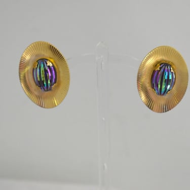 1960s Sarah Coventry Oval Iridescent Cabochon Clip Earrings 