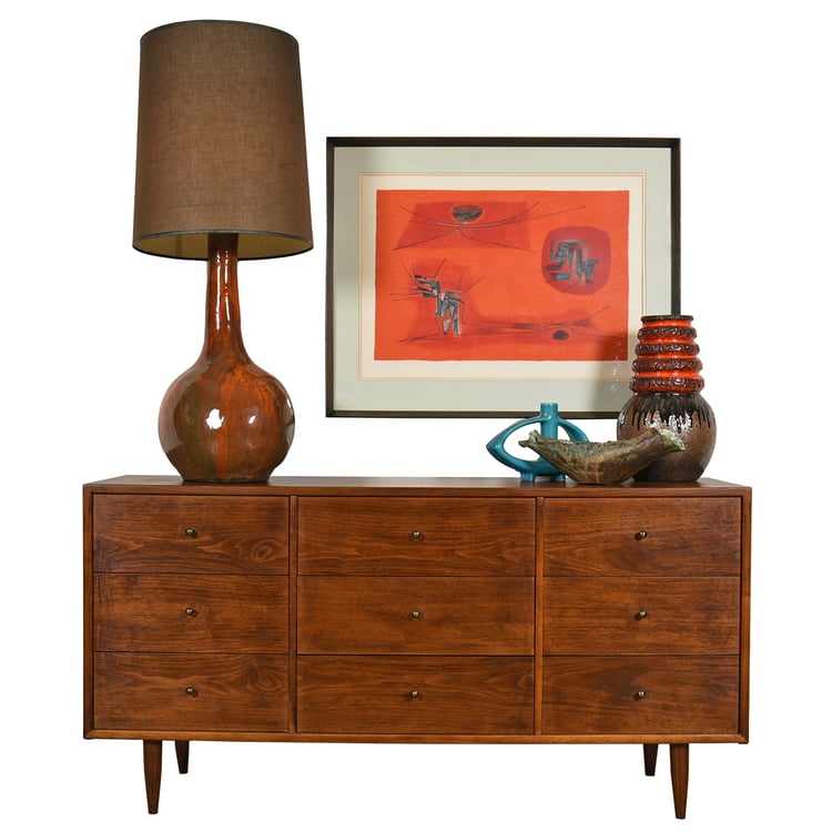 59” American Modernist 9-Drawer Walnut Dresser in the Style of Paul McCobb