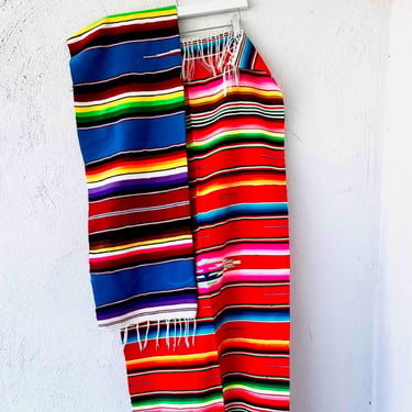 Vintage Mexican Serape Woven Wool Wrap Fringe Saddle Blanket Decor Table Runner Red Blue Wall Hanging 