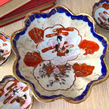 LAST CHANCE! Vintage 1930s Kutani Japan Lotus Porcelain Footed Bowls w Geisha Cherry Blossom | Red Gold Floral Soy Sauce Dip Dish | Set of 4 