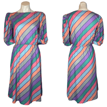 1980's Diagonal Striped Cotton Day Dress Size S