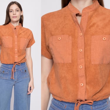 70s Catalina Burnt Orange Terrycloth Crop Top - Medium | Vintage Button Up Drawstring Waist Cropped Casual Shirt 