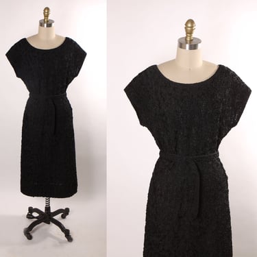 1960s Black Soutache Ribbon Floral Style Trim Short Sleeve Formal Dress -L 