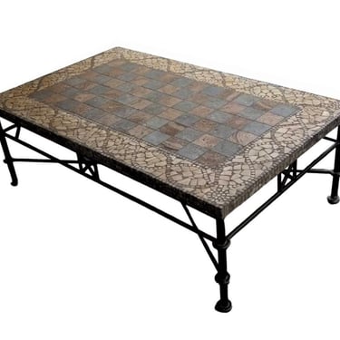 Stone Tiletop Mosaic Checkerboard Design Coffee Table Arts and Crafts Style 