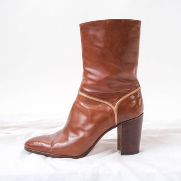 Vintage 70s VALENTINO CARDINALI Caramel Brown Leather Ankle Zip Boots w/ Cuban Heel | Made in Italy | Size 9.5 | 1970s Designer Booties 
