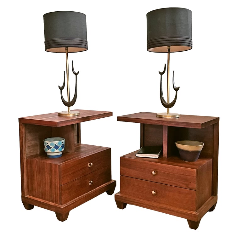 Pair, 1950&#8217;s Unique Walnut Nightstands | Side Tables w. Overhang Top + Storage