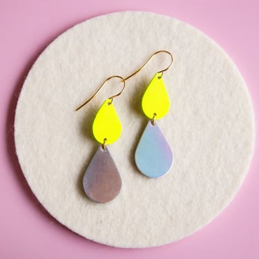 Double Tiered Leather Droplet Earrings - Neon Yellow + Iridescent Silver 