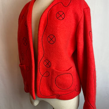 90’s fuzzy soft wool blazer style bolero jacket~ coral red with black roped heart swirling design ~ minimalist boxy open front size Medium 