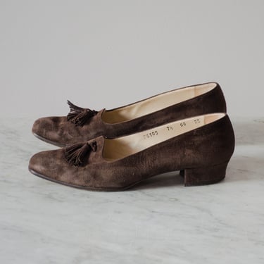 brown suede tassel loafers | 80s 90s vintage Cole Haan academia low heel shoes size 7.5 