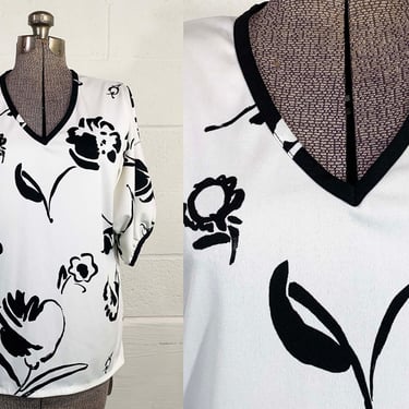 Vintage Black White Blouse Floral Mod V Neck Shirt Short Sleeve Top Beeline Fashions 1960s 60s Large XL 