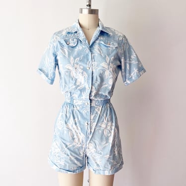 SIZE S/M Vintage 1980s Cotton Playsuit Romper Tropical / Light Blue Vacation Jumpsuit / Snap Front Elastic Waist Preppy 