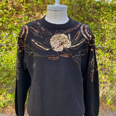 Vintage Black Sweater Gold Sequins and Beading 80’s Knit Pullover Size Large 