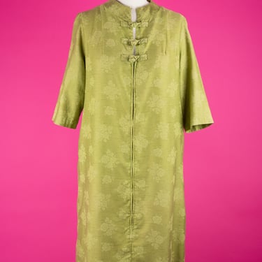 Vintage 60s Evelyn Pearson Olive Green Jacquard Loungewear House Dress Kaftan (S/M) 