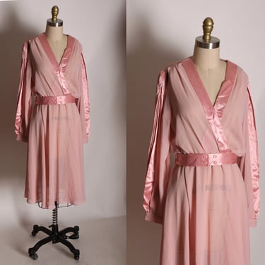 1970s Sheer Dusty Rose Pink Long Sleeve Satin Trim V Neck Belted Dress by Ursula of Switzerland -L 