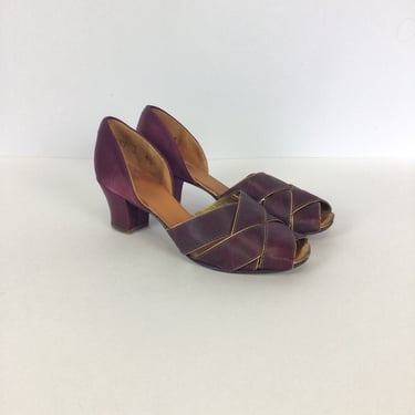Vintage 30s shoes | Vintage burgundy gold silk peep toe high heels | 1930s dark red satin pumps 