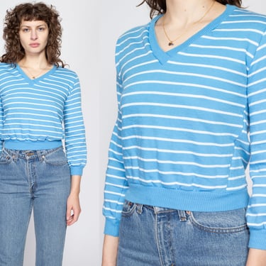 Small 70s 80s Blue Striped Cropped Sweatshirt | Vintage V Neck Long Sleeve Slouchy Crop Top Pullover 