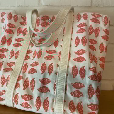 Vintage Market Bag, Conch Shell Design, Small Beach Bag With Orange/Coral Colored Shells, First Impression Hand Prints, Canvas Bag 