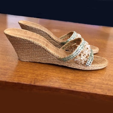 40's SEQUIN Wedge Heel Mules Slipper Shoe, Vintage, Rafia, Woven, RARE 1950's Ladies High Heel Boudoir Shoes Pinup 1940's Hawaiian Sandals 