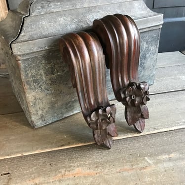 Pair French Architectural Wood Corbels, Polished Mahogany, Scroll Floral Leaf Design, Wall Mounts, Wall Art 