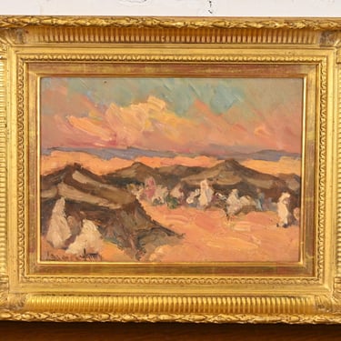 Original Signed Desert Landscape Oil Painting in Carved Giltwood Frame