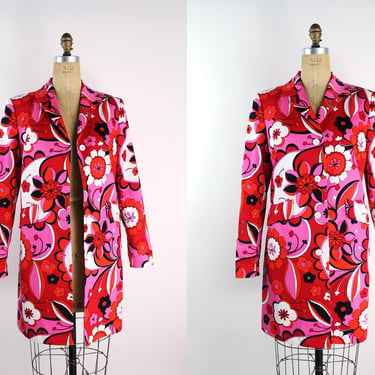 90s Pink and Red Flower Power Coat / 90s Cotton Jacket / Fuchsia Jacket /Size S/M 