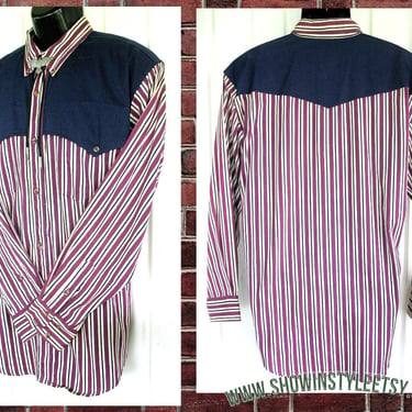 Gordon &amp; James Vintage Retro Western Men's Cowboy Shirt, Burgundy and White Striped with Navy Cape, Tag Size Large (see meas. photo) 
