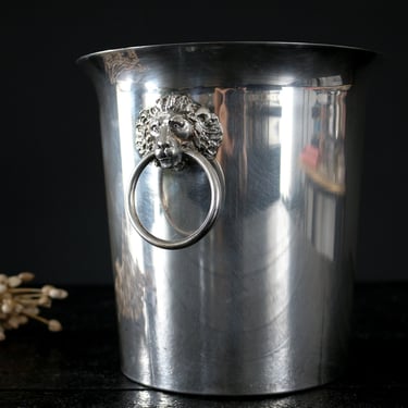 Silver Ice Bucket Vintage Champagne Bucket on a Pedestal, Wine Cooler Bucket with Lion Head , Bucket with Handle 