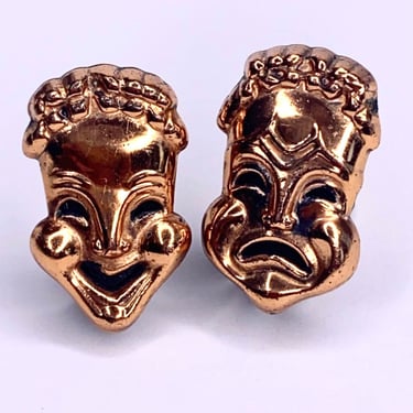 Renoir copper vintage tragedy and comedy clip earrings, 1960's 
